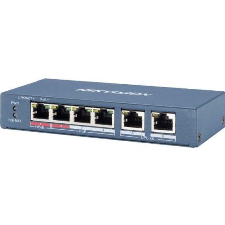 Hikvision DS-3E0106HP-E 6 portos PoE switch (60 W); 1 HiPoE + 3 PoE+(at) + 2 uplink port; nem menedzselhető