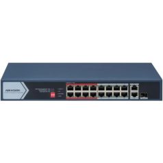   Hikvision DS-3E0318P-E/M (C) 18 portos PoE switch (130 W); 16 PoE + 1 RJ45 uplink port + 1 kombinált uplink; nem menedzselhető