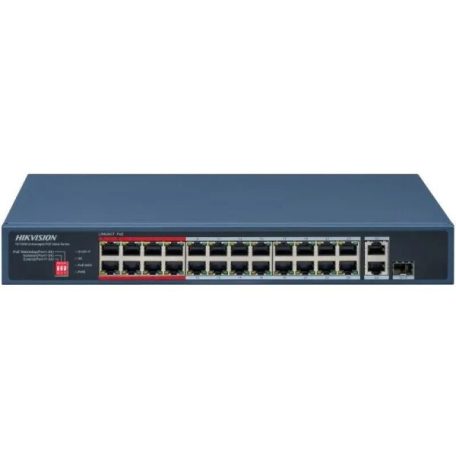 Hikvision DS-3E0326P-E/M (C) 26 portos PoE switch (230 W); 24 PoE + 1 RJ45 uplink port + 1 kombinált uplink; nem menedzselhető