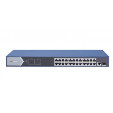 Hikvision DS-3E0526P-E 26 portos Gbit PoE switch (370 W); 24 PoE + 1 RJ45 + 1 SFP uplink port; nem menedzselhető