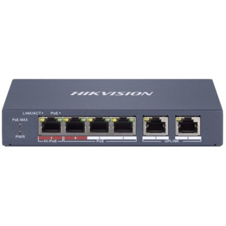 Hikvision DS-3E1106HP-EI 6 portos PoE switch (60 W); 1 HiPoE + 3 PoE+(at) + 2 uplink port; smart menedzselhető