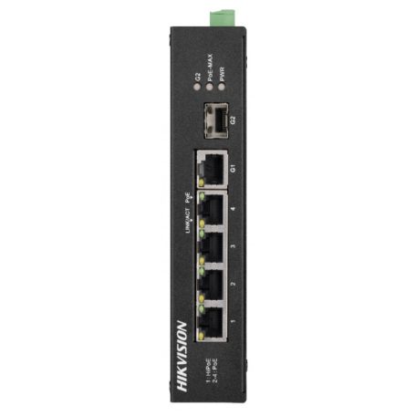 Hikvision DS-3T0306HP-E/HS 6 portos ipari PoE switch (60 W); 3 PoE+ / 1 HiPoe / 1 RJ45 + 1 SFP uplink port; nem menedzselhető