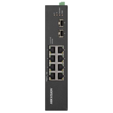 Hikvision DS-3T0510HP-E/HS 10 portos ipari Gbit PoE switch (110 W); 6 PoE+ / 2 HiPoE / 2 SFP uplink port; nem menedzselhető