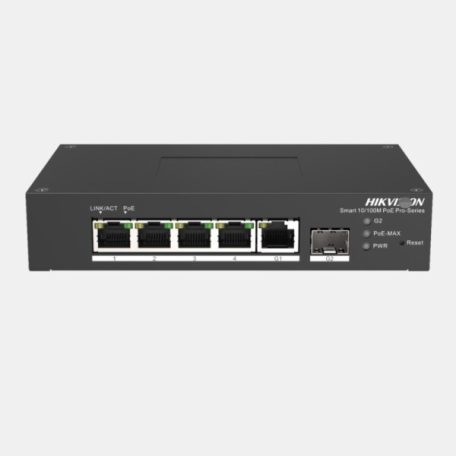 Hikvision DS-3T1306P-SI/HS 6 portos ipari 10/100 PoE switch (60 W); 4 PoE / 1 RJ45 + 1 SFP uplink port; menedzselhető