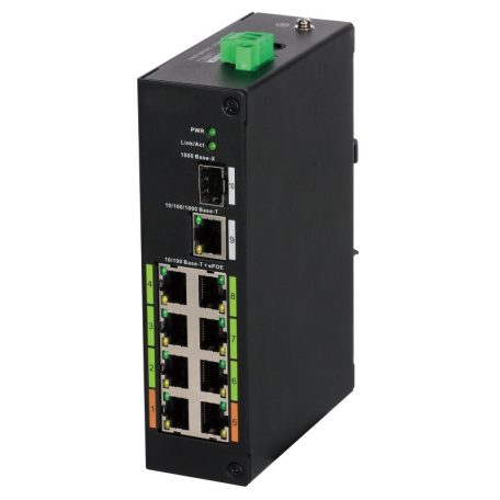 Dahua LR2110-8ET-120 10 portos ipari ePoE switch (120 W); 6 PoE+ / 2 HiPoE / 1 RJ45 + 1 SFP uplink port;nem menedzselhető