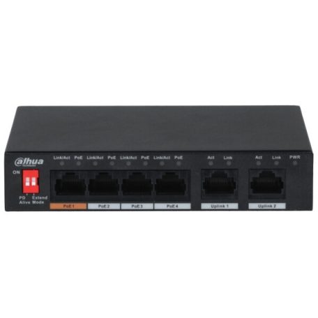 Dahua PFS3006-4ET-60-V2 6 portos PoE switch (60 W); 3 PoE+ / 1 HiPoE / 2 RJ45 uplink port; nem menedzselhető