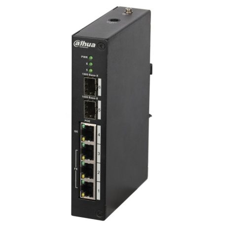 Dahua PFS3206-4P-96 6 portos PoE switch (96 W); 3 10/100 PoE+ / 1 Gbit HiPoE / 2 SFP uplink port; nem menedzselhető